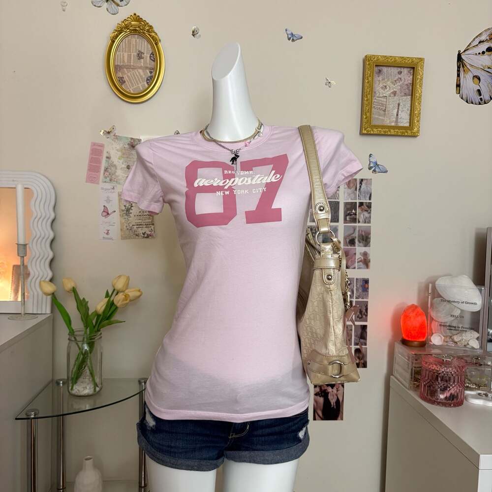 Aeropostale Pink Graphic Tee Women Size Small Y2K 87 Script Logo Classic Crew Sh